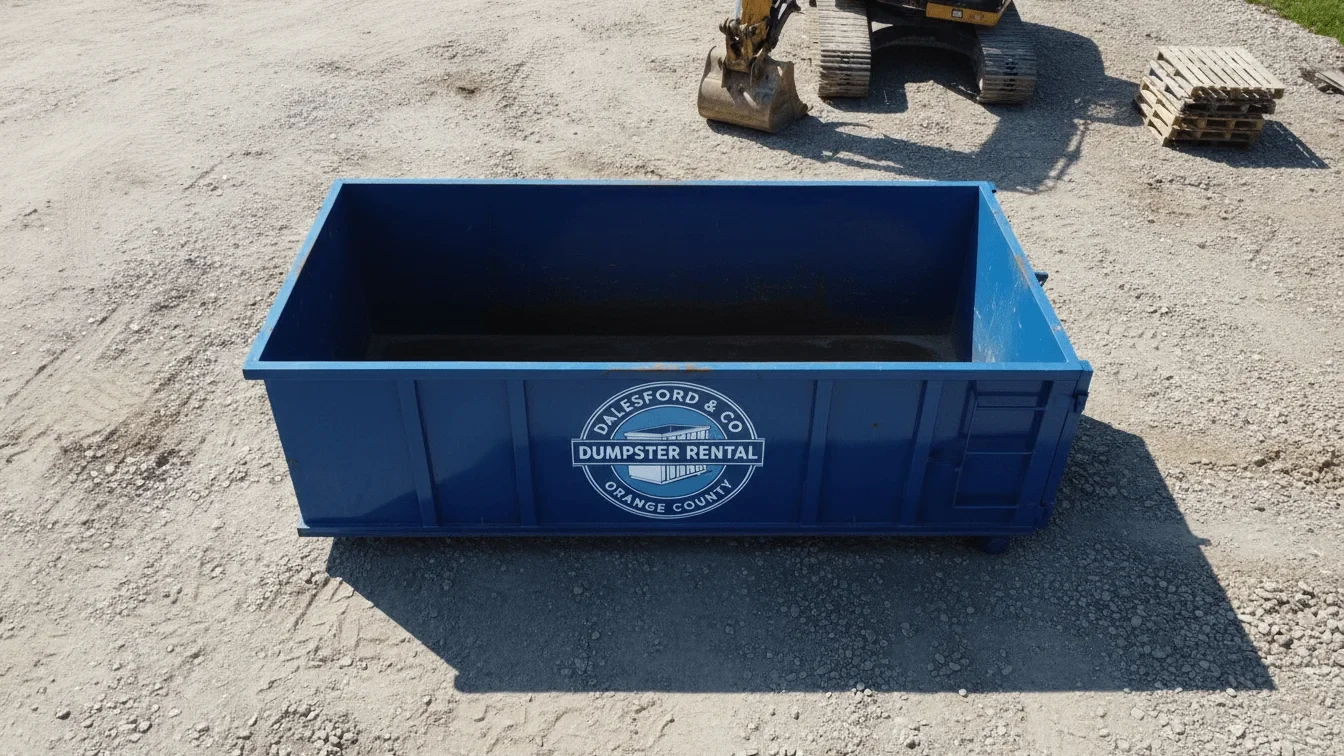 Licensed and insured dumpster rental Licensed and insured Dalesford & Co Dumpster Rental Orange County roll-off container staged in Orange, CA